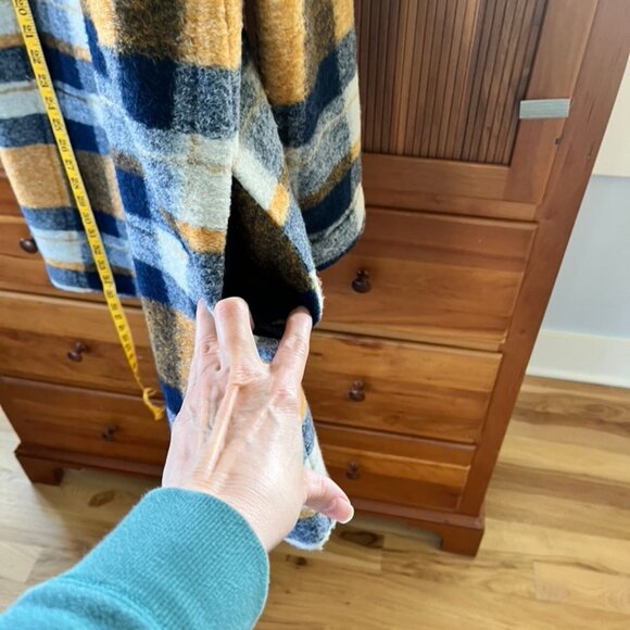 Navy Blue and Gold Plaid Cynthia Rowley Wool Blend Long Jacket, M - Picture 4 of 6